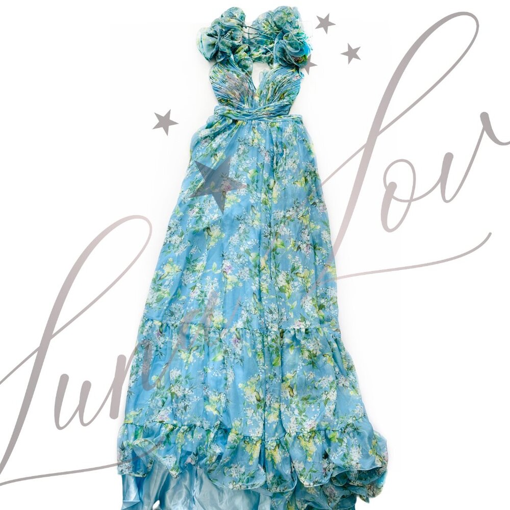 MAC DUGGAL x Anthropologie Blue Ruffle Tiered Floral Cut-Out Chiffon Gown NWT - Picture 3 of 11